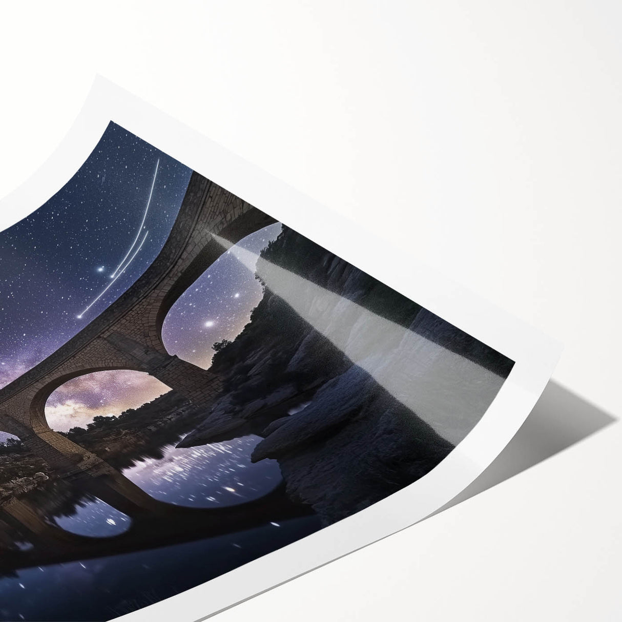 Landscape bridge rolled print showcasing a serene scene with a graceful arching bridge over a tranquil river, emphasizing natural beauty and artistic detail. Ideal for home decor.
