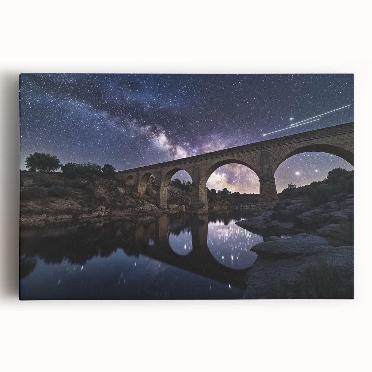 Stretched canvas artwork depicting a serene landscape bridge scene, showcasing vibrant colors and intricate details, perfect for home decor or art enthusiasts.