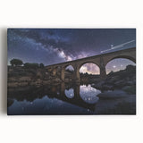 Stretched canvas artwork depicting a serene landscape bridge scene, showcasing vibrant colors and intricate details, perfect for home decor or art enthusiasts.