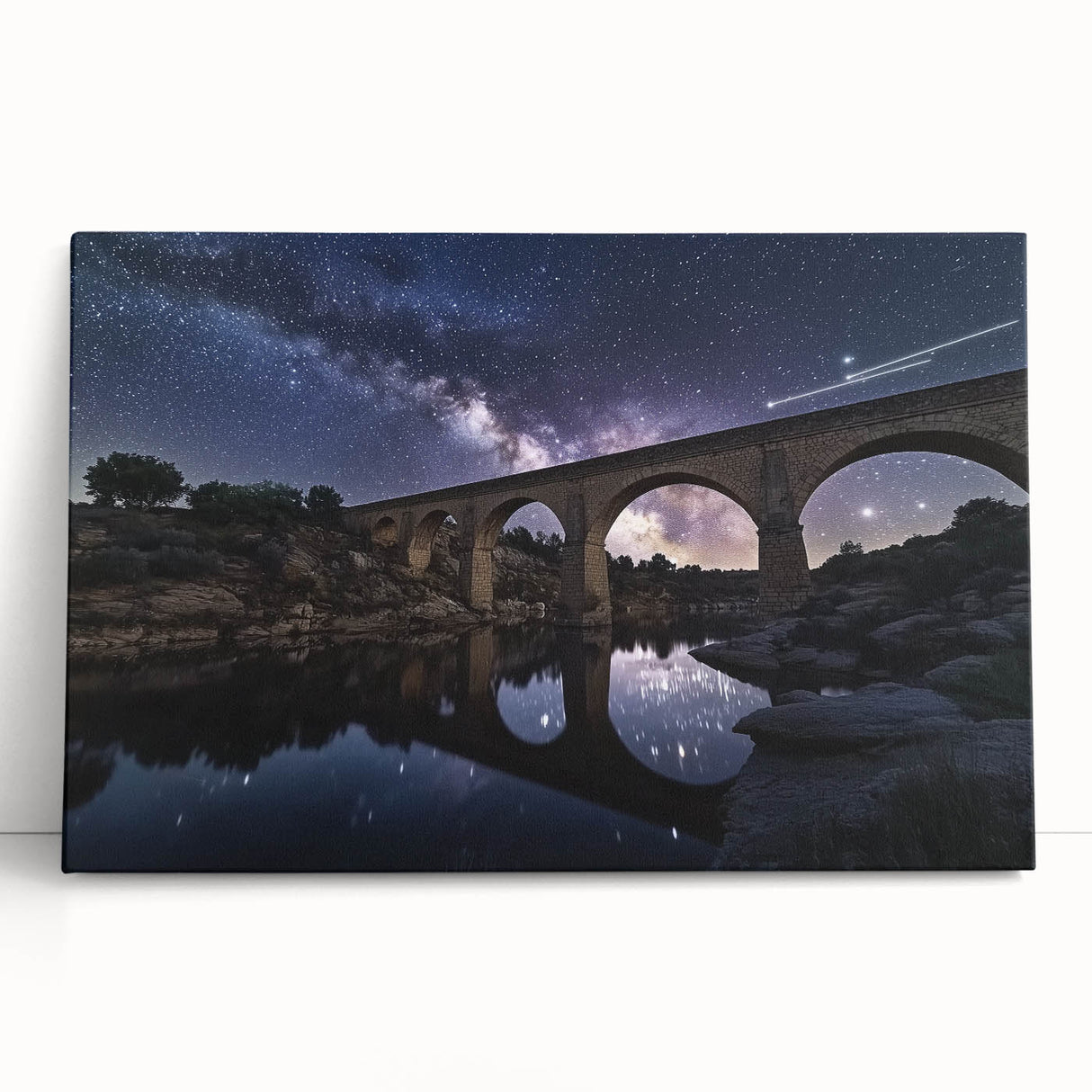 Stretched canvas art depicting a serene landscape bridge over water, framed by lush greenery, ideal for home decor or office ambiance, showcasing vibrant colors.