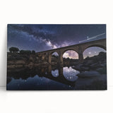 Stretched canvas art depicting a serene landscape bridge over water, framed by lush greenery, ideal for home decor or office ambiance, showcasing vibrant colors.