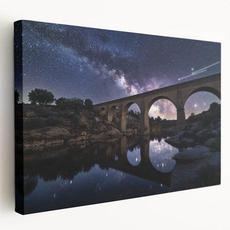 Stretched canvas artwork depicting a serene landscape bridge scene, showcasing vibrant colors and intricate details, perfect for home decor enhancement.