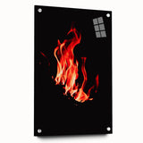 Large abstract wall art depicting autumnal trees on acrylic glass, using warm orange and red tones.