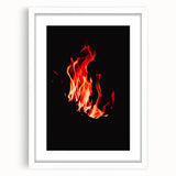 Abstract art print depicting fall foliage in warm red and orange tones, framed in white, ideal for dining room decor.