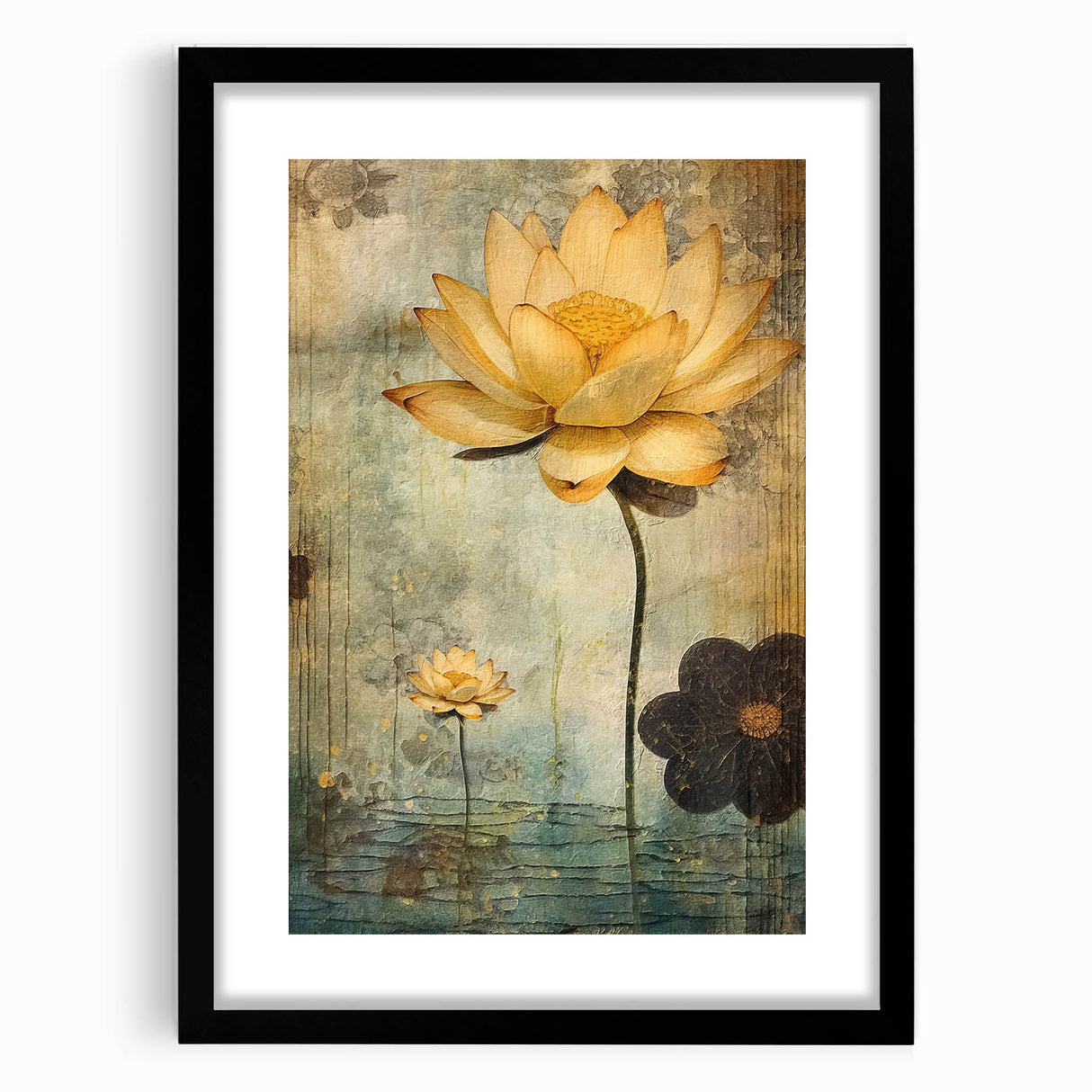 Golden Lotus Living Room Wall Art - Modern Canvas & Framed Print
