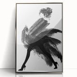 Framed abstract figurative artwork in silver acrylic, showcasing dynamic shapes and subtle colors, perfect for modern home decor or art collectors.