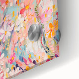 Close-up of vibrant abstract floral wall art design on acrylic glass, showcasing intricate details and rich colors, perfect for modern home decor.