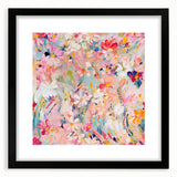 Abstract floral wall art framed in black, featuring vibrant colors and intricate patterns, designed to enhance modern home decor. Perfect for living rooms or offices.