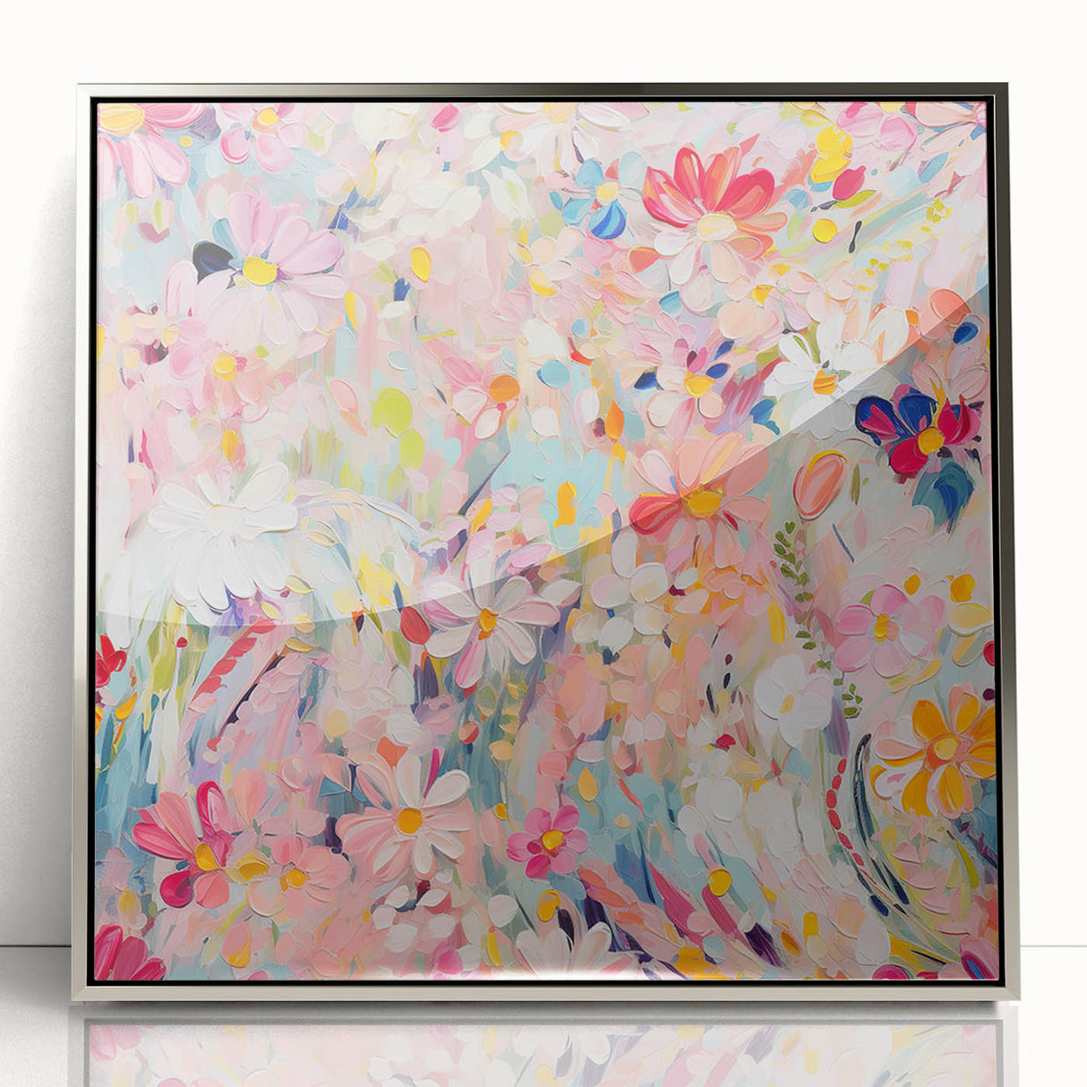 Framed wall art featuring abstract florals in vibrant colors, set in a sleek silver frame, perfect for modern home decor or artistic spaces. This elegant piece enhances interior design with its unique floral patterns and contemporary style.