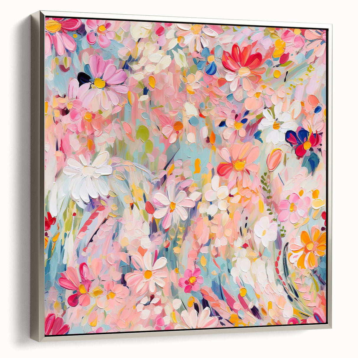 Framed abstract floral wall art showcasing vibrant colors and intricate patterns, elegantly displayed with a silver frame, adding a modern touch to any decor.