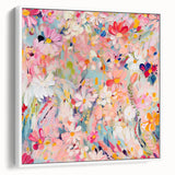 Framed canvas wall art showcasing abstract floral designs in vibrant colors, featuring a sleek white frame from a side view, ideal for modern decor.