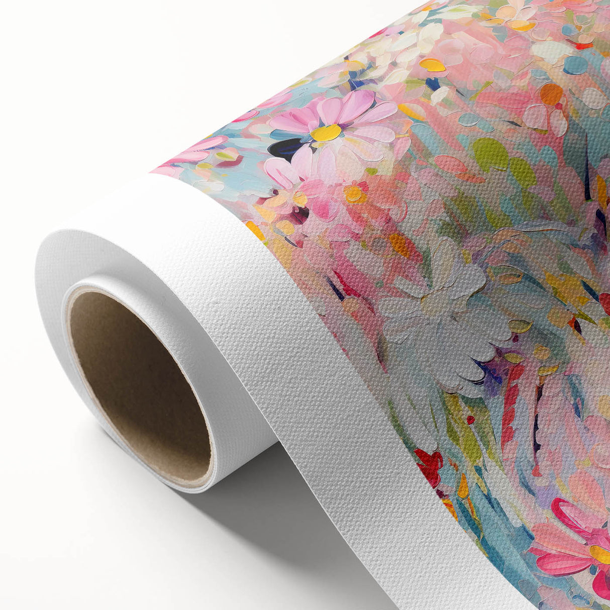 Abstract floral wall art print on rolled canvas, showcasing vibrant colors and intricate designs, ideal for modern home decor. Packaged securely for delivery.
