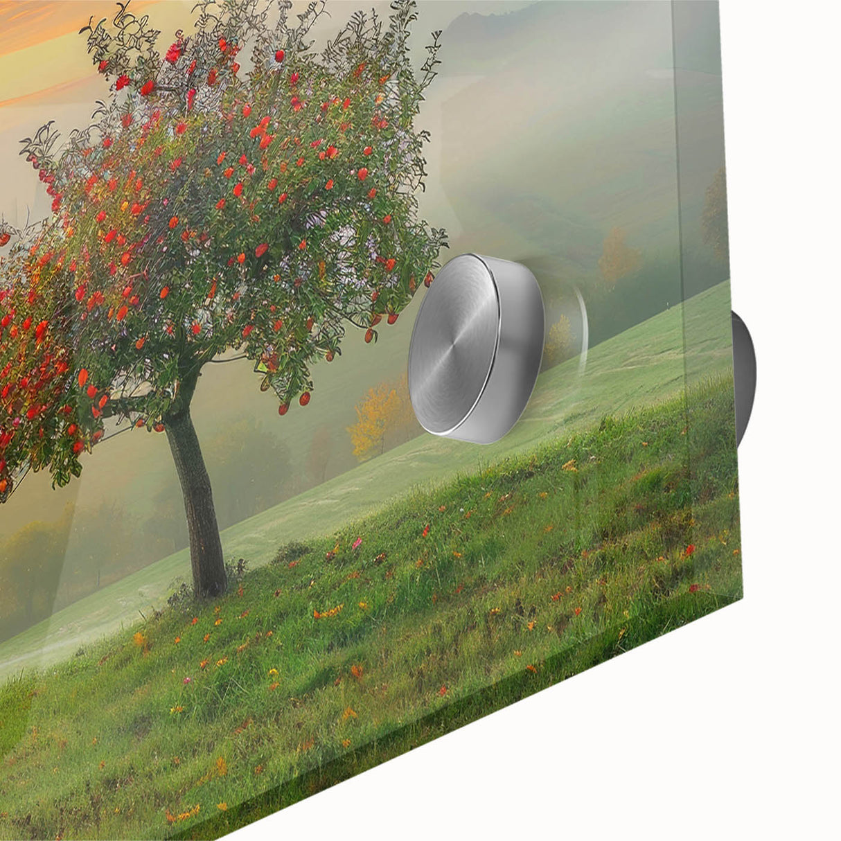Close-up of an abstract landscape wall art piece, showcasing vibrant colors and intricate details on glossy acrylic glass, ideal for modern home decor.