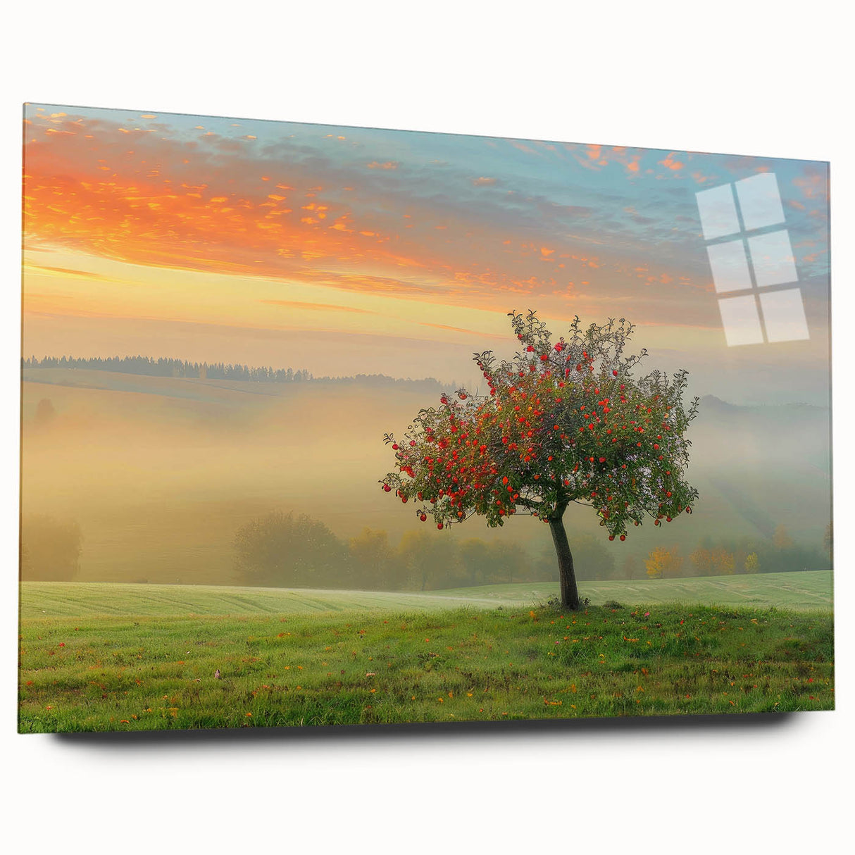 Abstract landscape wall art design displayed in a sleek acrylic glass frame, showcasing vibrant colors and intricate details, ideal for modern home decor.