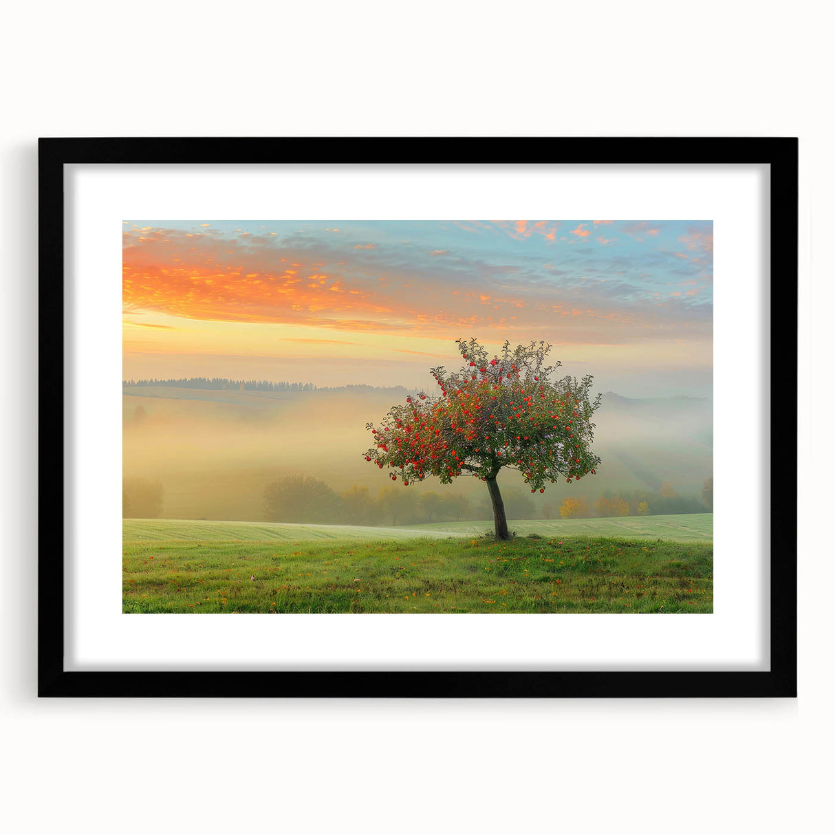Abstract landscape wall art in a black frame with a mat, showcasing vibrant colors and dynamic shapes, perfect for modern home decor or office settings.