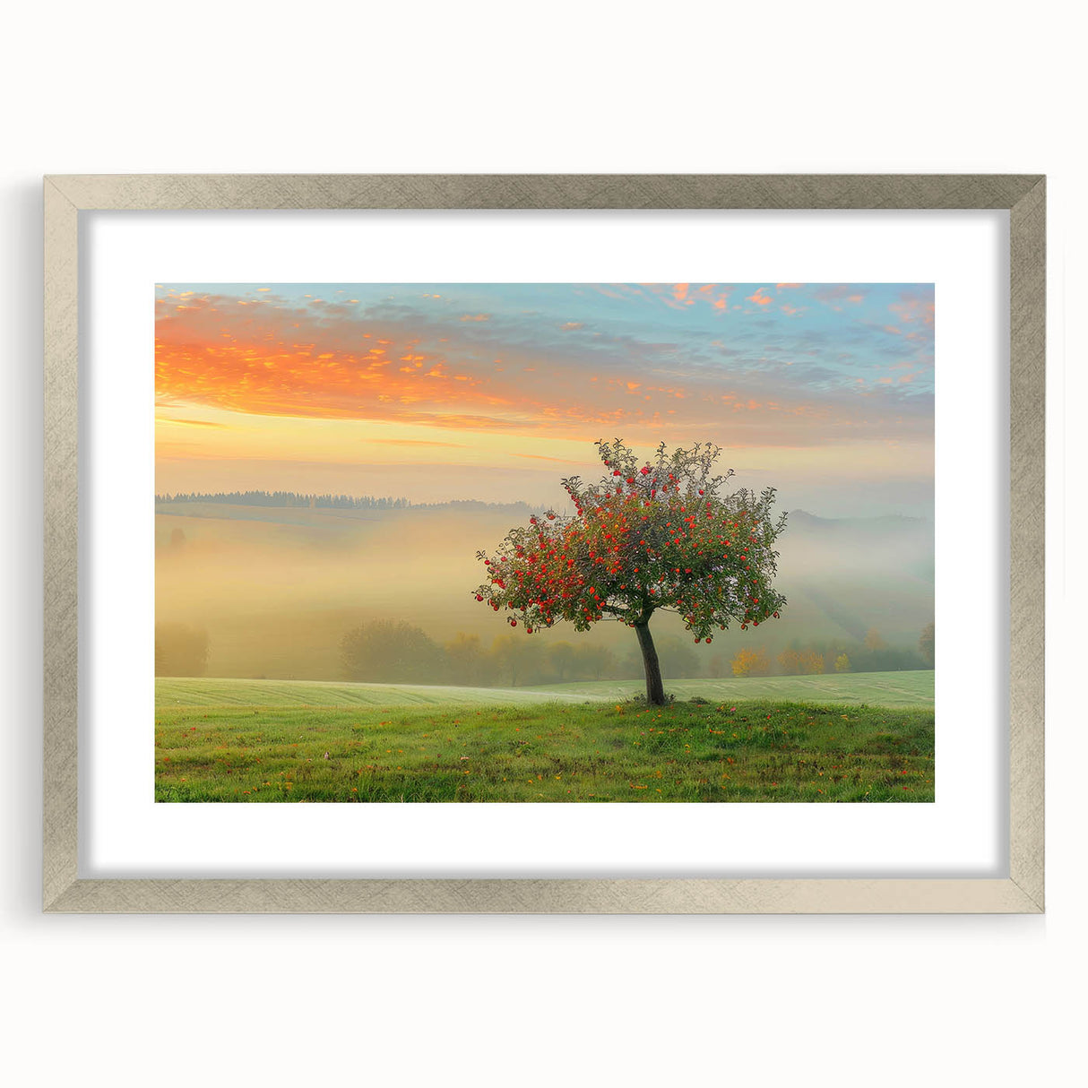 Abstract landscape wall art framed in silver with a mat, showcasing vibrant colors and dynamic textures, perfect for modern home decor. This piece adds a contemporary touch to any living space.