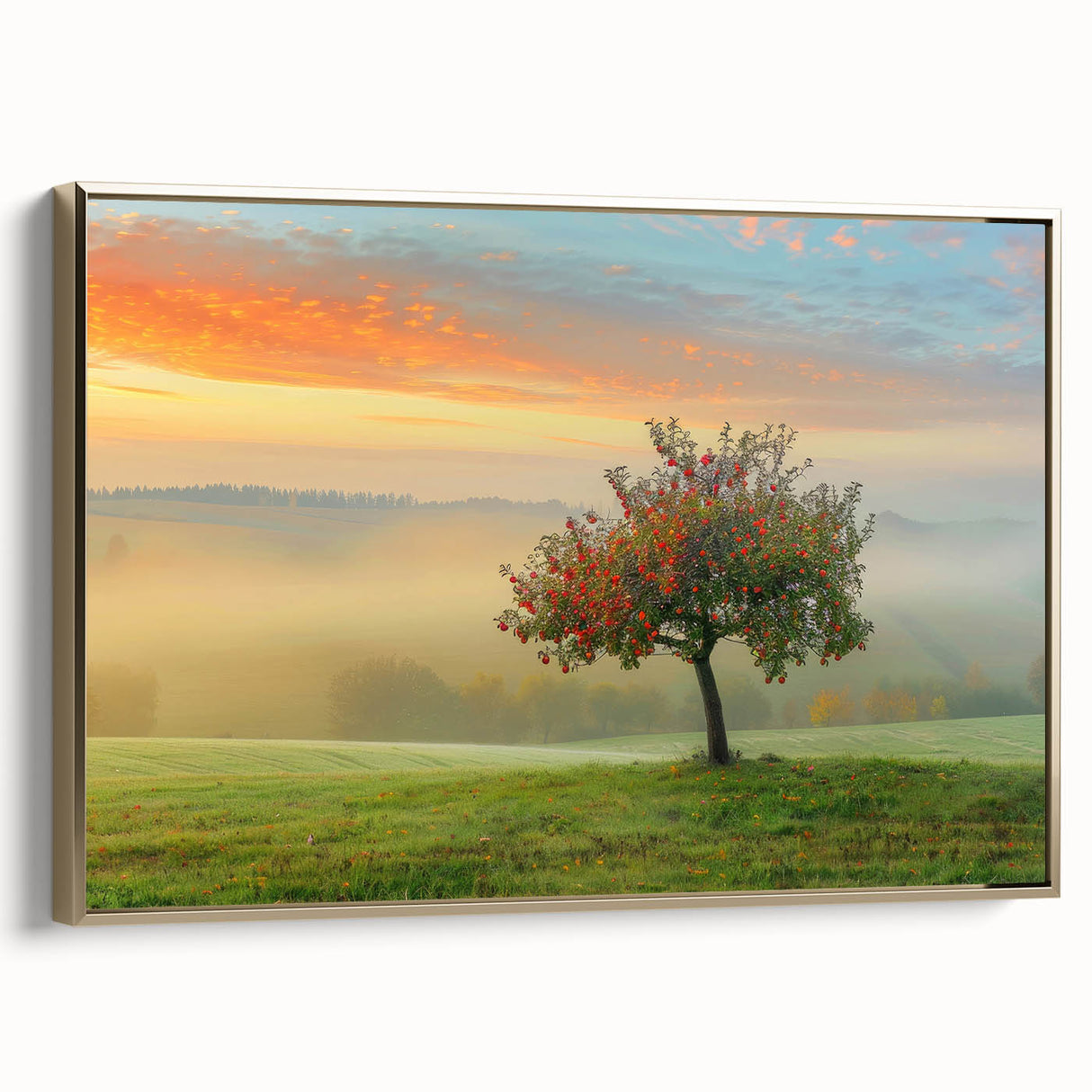 Framed canvas wall art featuring an abstract landscape design with rich gold tones and intricate textures, enhancing modern home decor aesthetics.