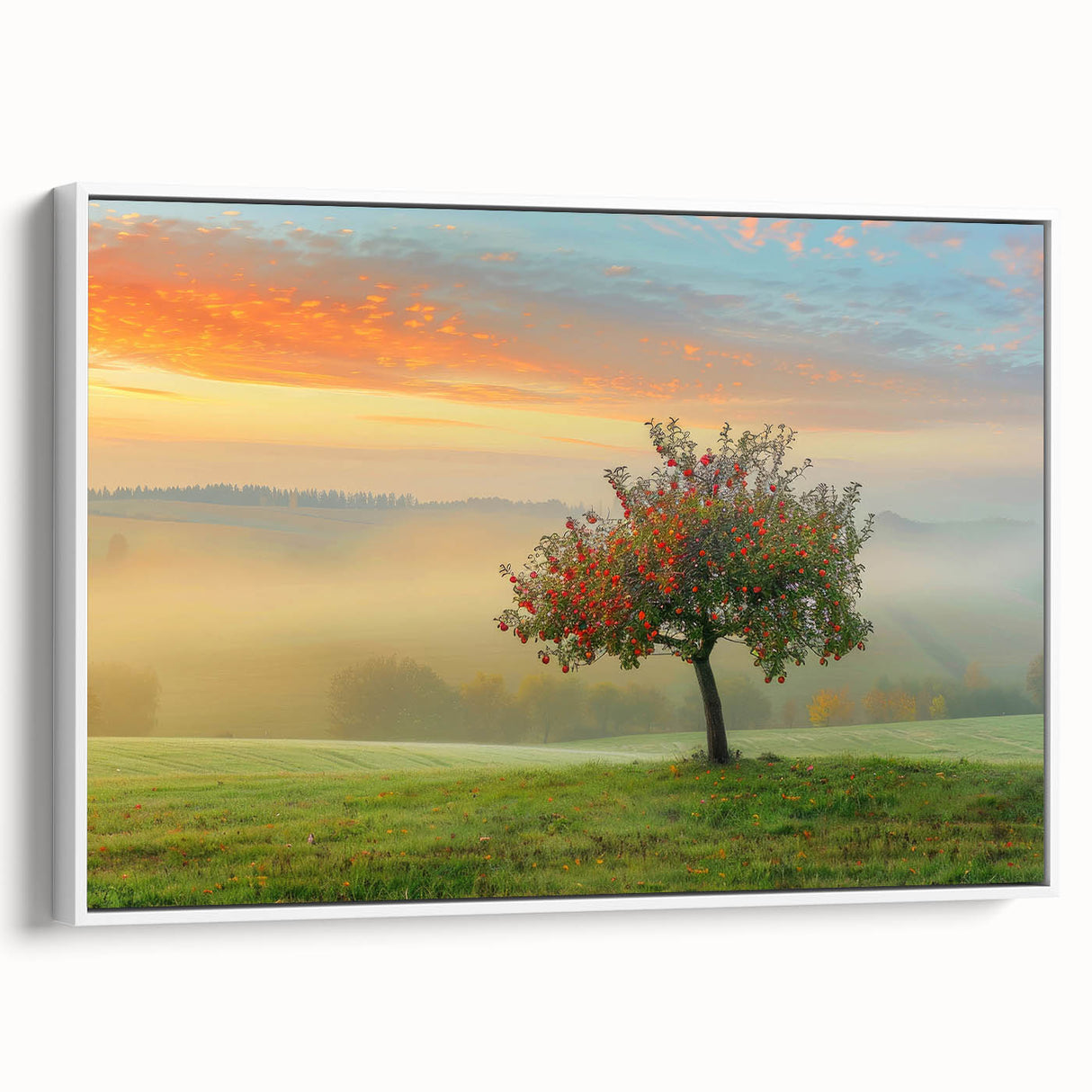Framed canvas artwork showcasing an abstract landscape design with soft earth tones and textured brushstrokes, presented in a sleek white frame, ideal for modern home decor.