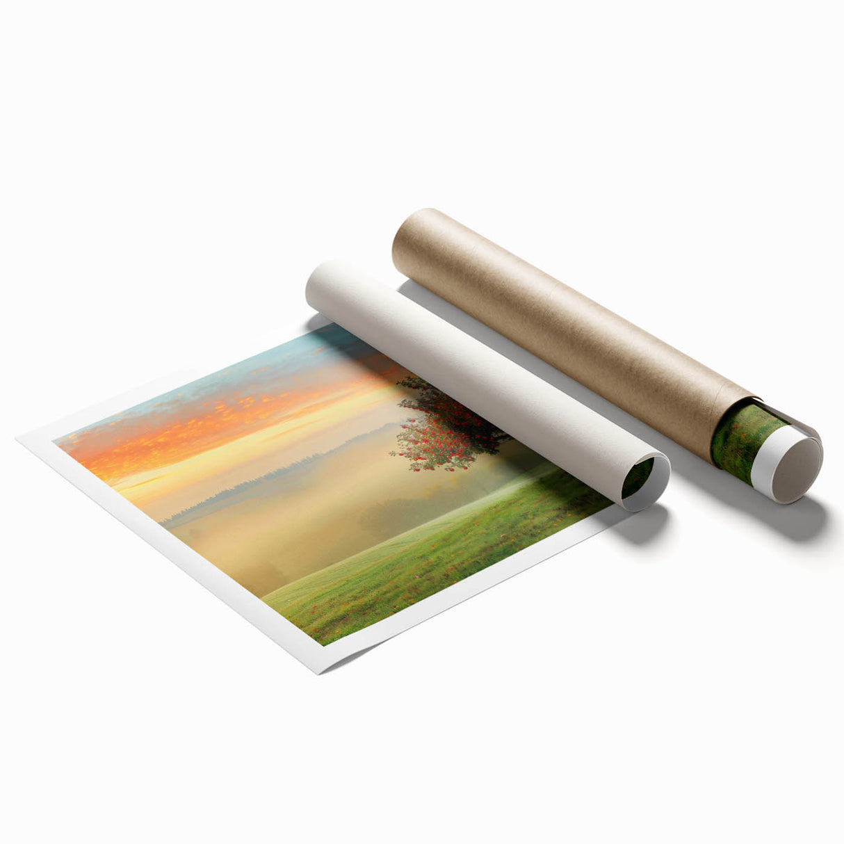 Abstract landscape wall art print showcasing vibrant colors and fluid shapes, rolled for easy shipping in a protective cardboard tube, perfect for modern decor.