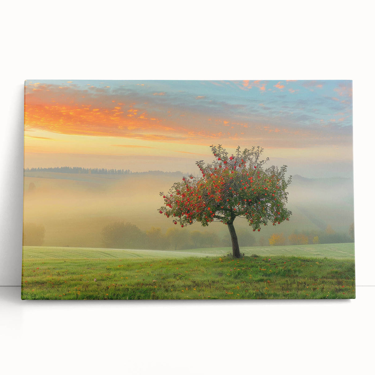 Abstract landscape wall art on stretched canvas showcasing vibrant blues, greens, and earthy tones, leaning against a neutral wall, perfect for modern decor.