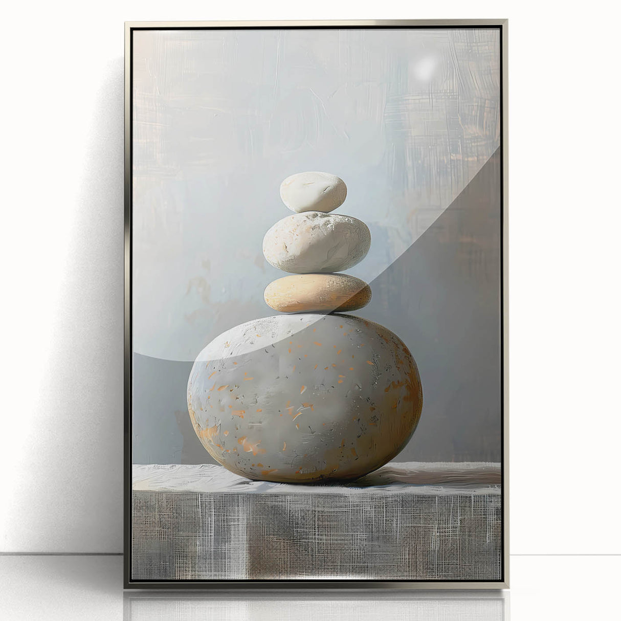 Framed abstract minimalist wall art with a silver acrylic finish, showcasing geometric shapes and a sleek design, perfect for modern home decor.