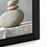 Close-up of a framed abstract minimalist wall art canvas featuring soft pastel colors and geometric shapes, perfect for modern home decor or office interiors.