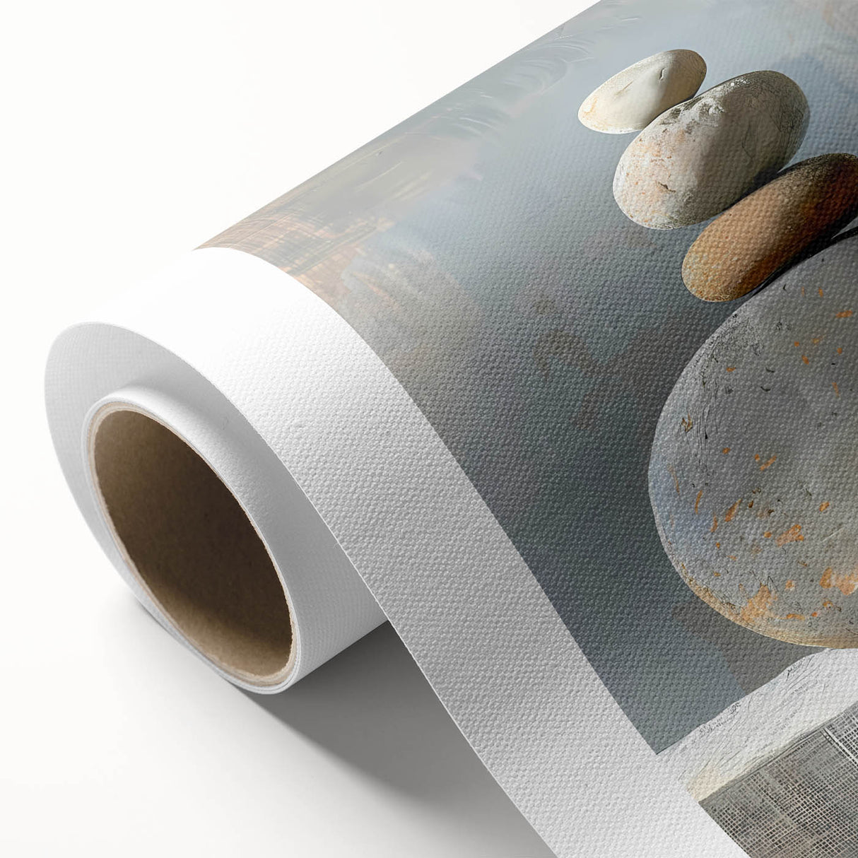 Abstract minimalist wall art on rolled canvas showcasing soft pastel colors and geometric shapes, ideal for modern home decor, packaged securely in a cardboard tube.