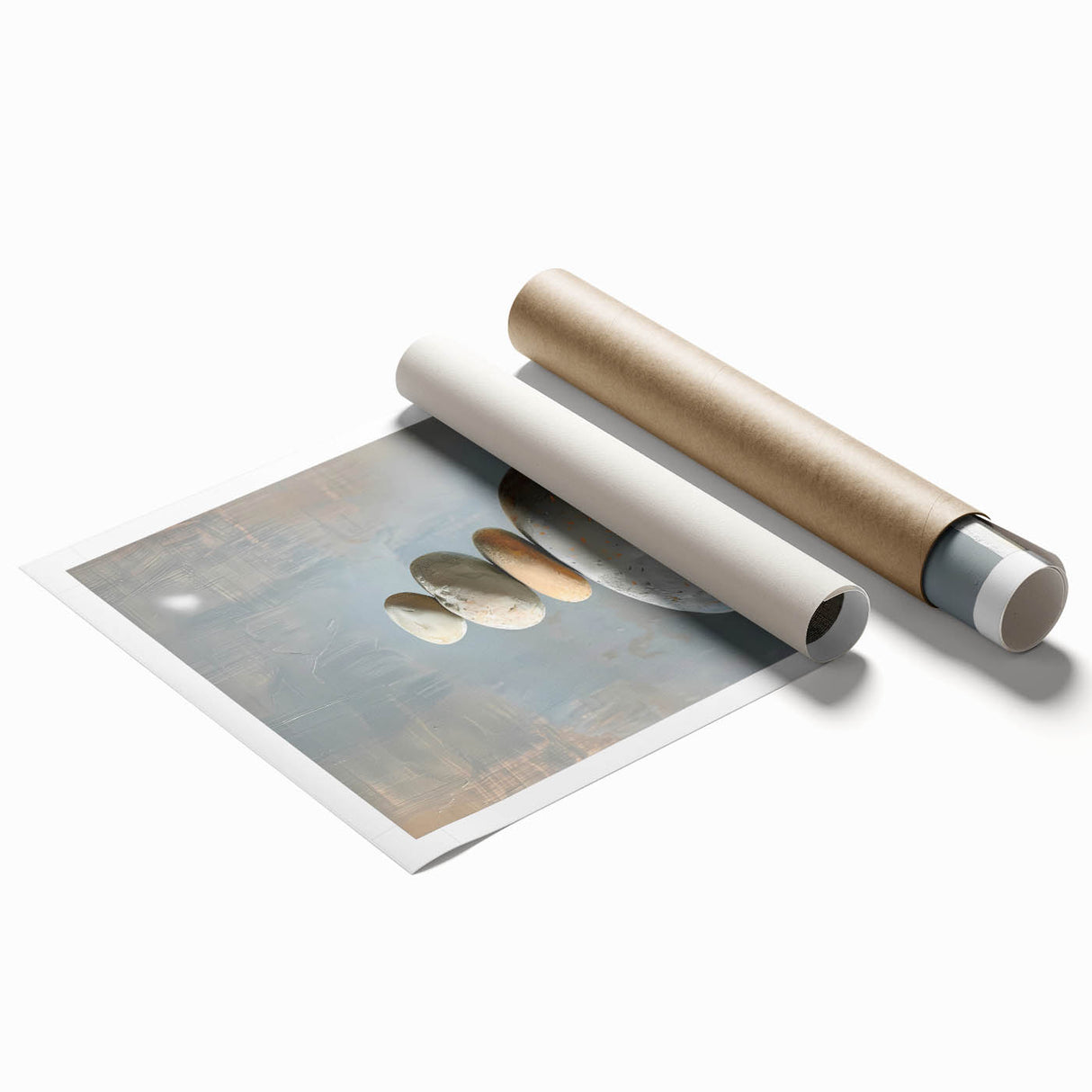 Abstract minimalist wall art print featuring soft pastel colors and geometric shapes, elegantly rolled for easy display and shipping in a protective tube.