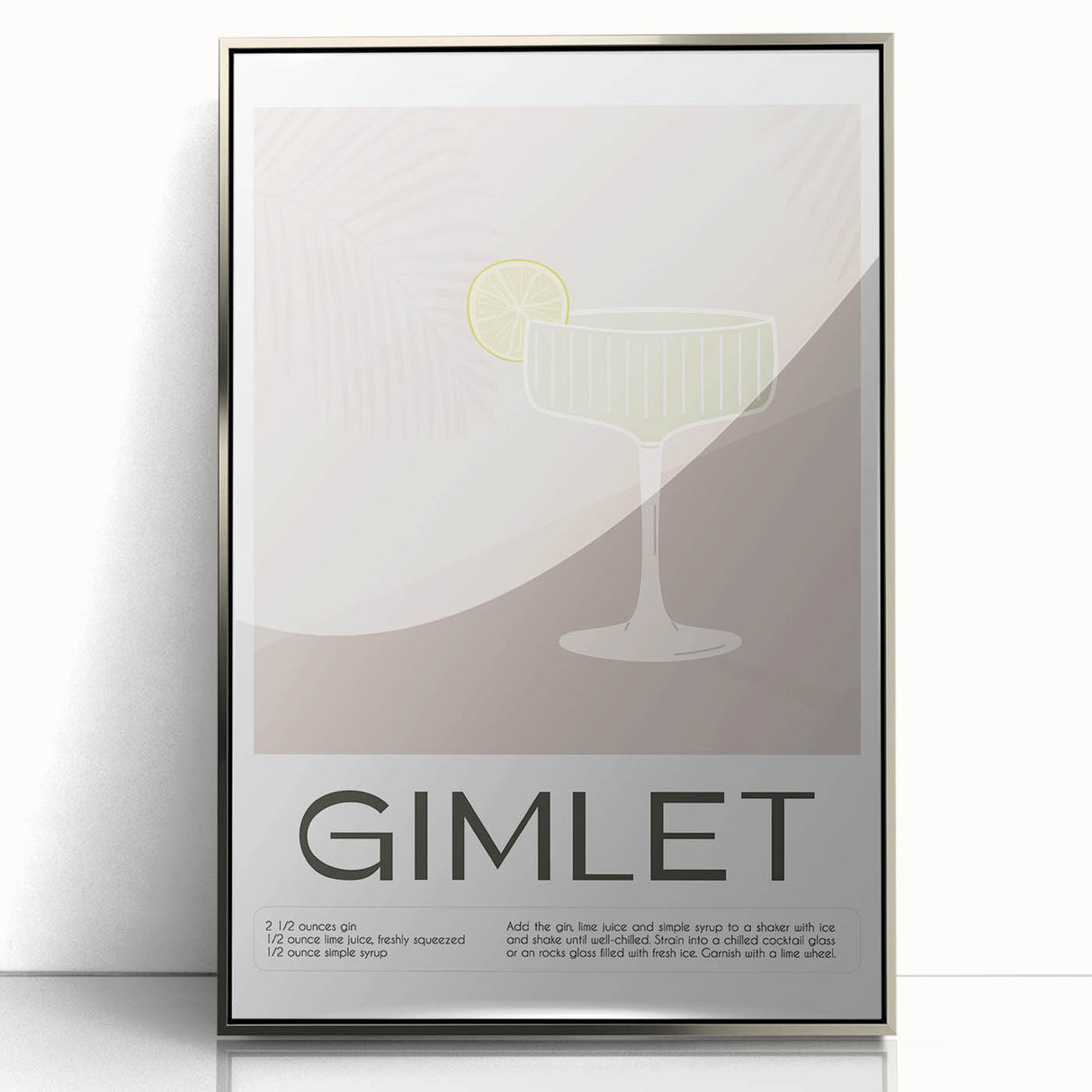 Large art print of colorful fruits and drinks in a mid-century modernist style on a silver-framed acrylic.