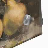 Large abstract wall art featuring assorted fruits in vibrant colors on acrylic glass, ideal for dining room art.