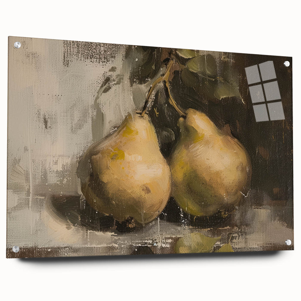 Large abstract wall art featuring assorted fruits in vibrant colors on acrylic glass, ideal for dining room decor.