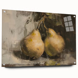 Large abstract wall art featuring assorted fruits in vibrant colors on acrylic glass, ideal for dining room decor.