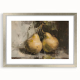 Textured art print of abstract fruits in muted orange and green, framed in silver, ideal for bedroom wall decor.