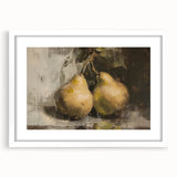 Abstract art print featuring assorted fruits in vibrant colors on a white framed mat, ideal for dining room decor.