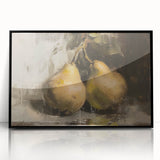 Large abstract wall art featuring assorted fruits in bold colors on a black acrylic framed print.