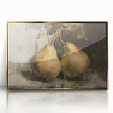 Large art print of assorted fruits in bold colors on a gold acrylic frame, in mid-century modernist style.