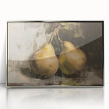 Mid-century modernist art featuring assorted fruits in vibrant colors on a silver-framed acrylic print.