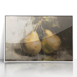 Art deco poster featuring an assortment of fruits in bold colors on a white acrylic framed print.