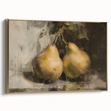 Vintage poster art of assorted fruits in muted colors on a black framed canvas, ideal for bedroom wall decor.