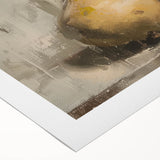 Art deco poster featuring an assortment of vibrant, colored fruits on a rolled canvas, suitable for dining room decor.