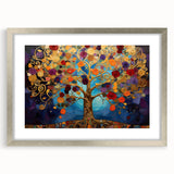 Abstract floral wall art print framed in a sleek silver frame with a white mat, showcasing vibrant colors and intricate designs, ideal for modern decor.