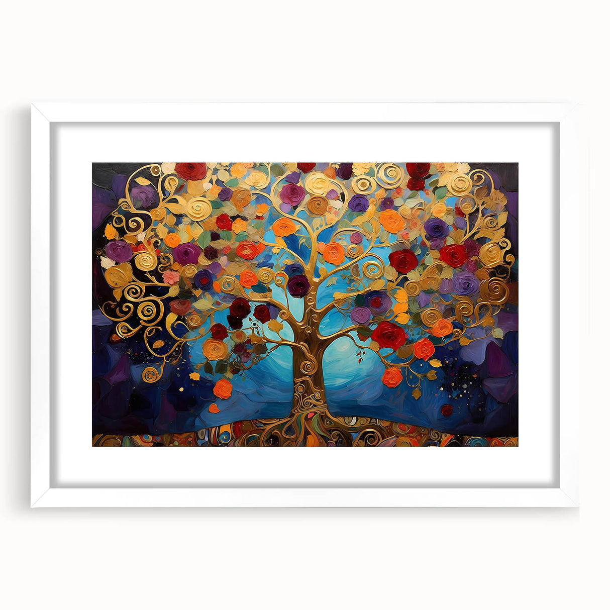 Abstract floral wall art framed in white matting, showcasing vibrant colors and intricate patterns, ideal for modern home decor and enhancing interior aesthetics.