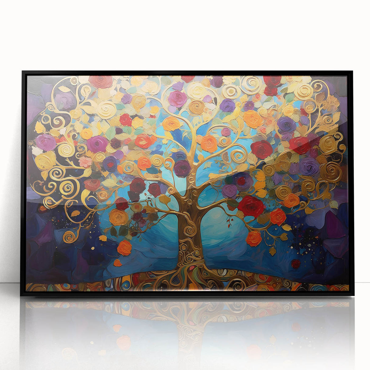Framed abstract floral wall art in a sleek black frame, showcasing vibrant colors and intricate designs, perfect for modern home decor and interior styling.