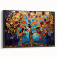 Framed canvas wall art showcasing an abstract floral design with vibrant colors, set against a black background, viewed from the side to highlight depth and texture.