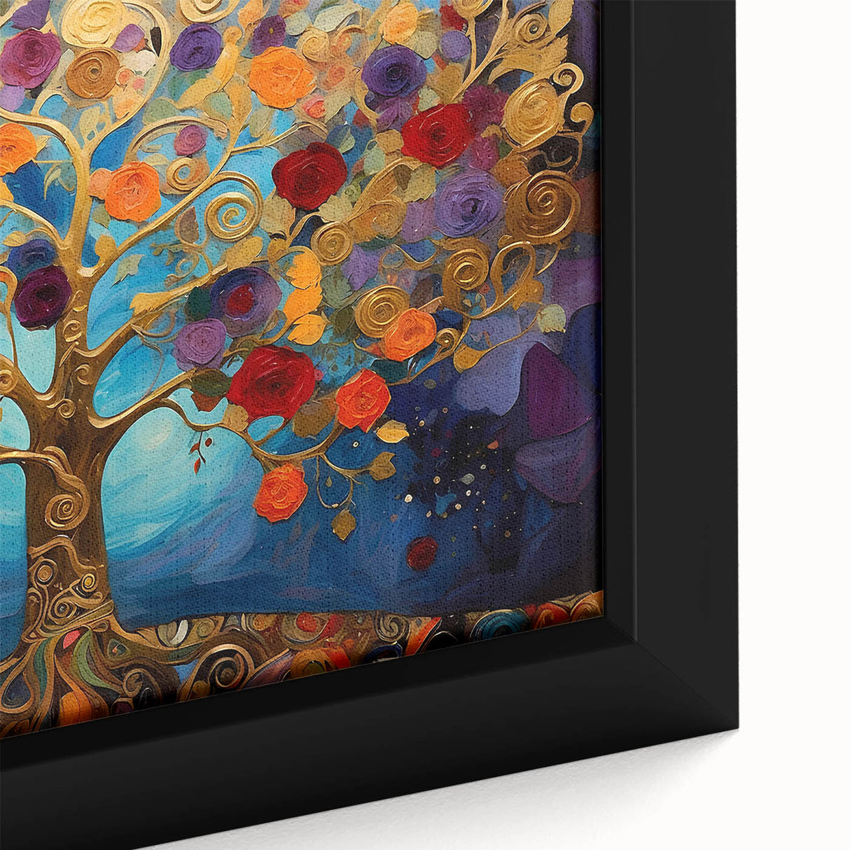 Close-up of a vibrant abstract floral wall art design in a framed canvas, showcasing bold colors and intricate patterns that enhance modern decor.