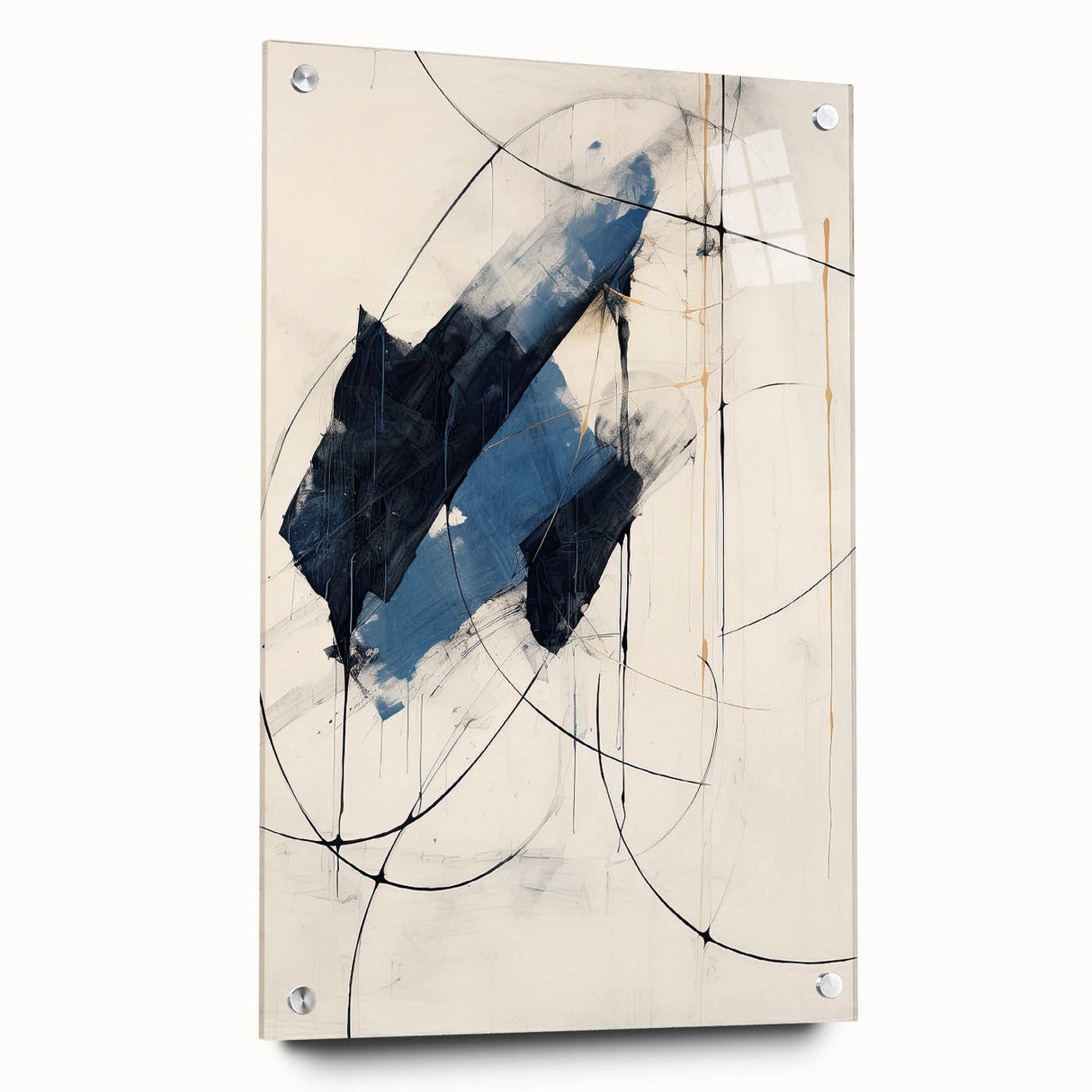 Abstract minimalist wall art displayed in a sleek acrylic glass frame, showcasing a contemporary design with vibrant colors and elegant pins, perfect for modern decor.