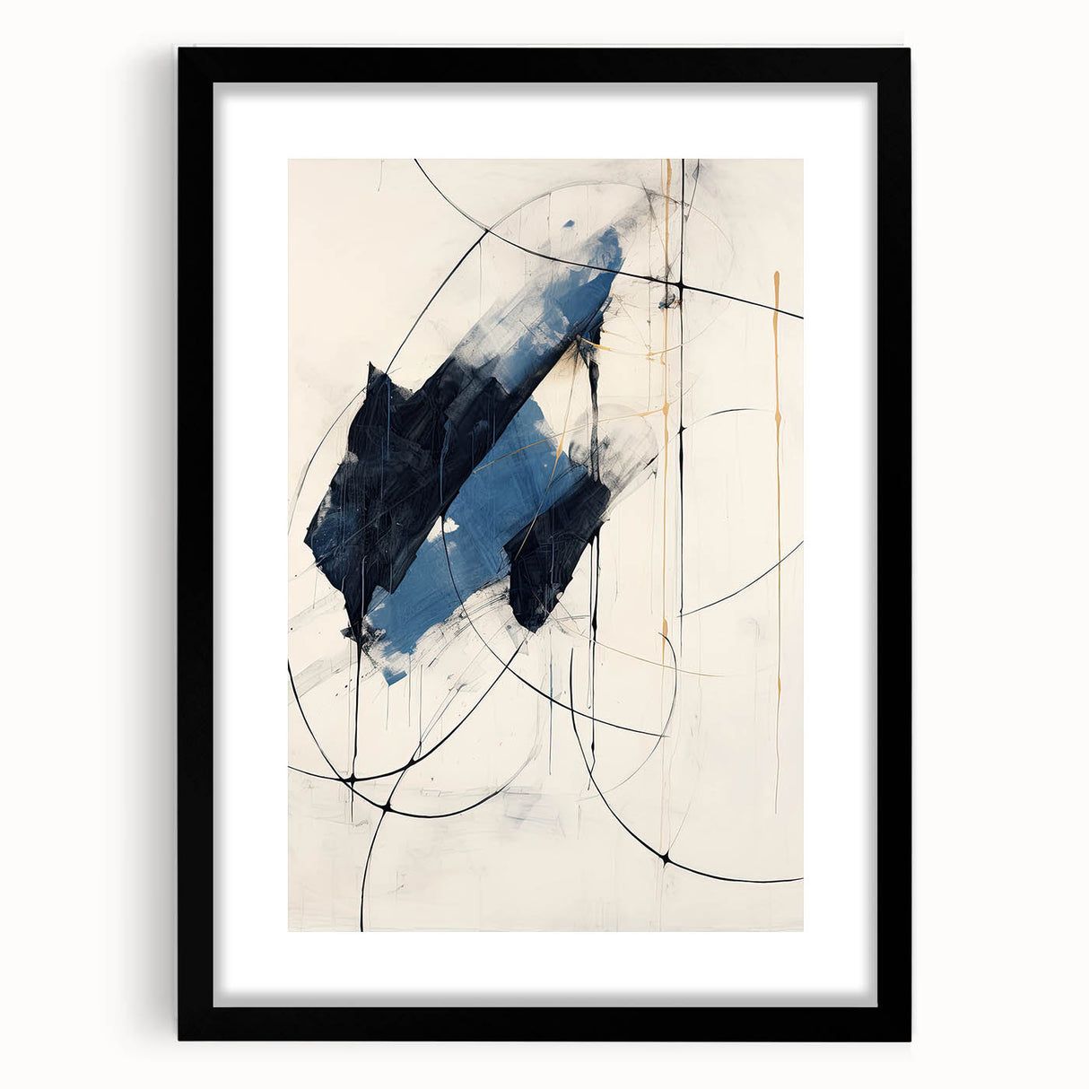 Abstract minimalist wall art featuring a black frame and mat, showcasing geometric patterns and soft colors, perfect for modern home decor accents.