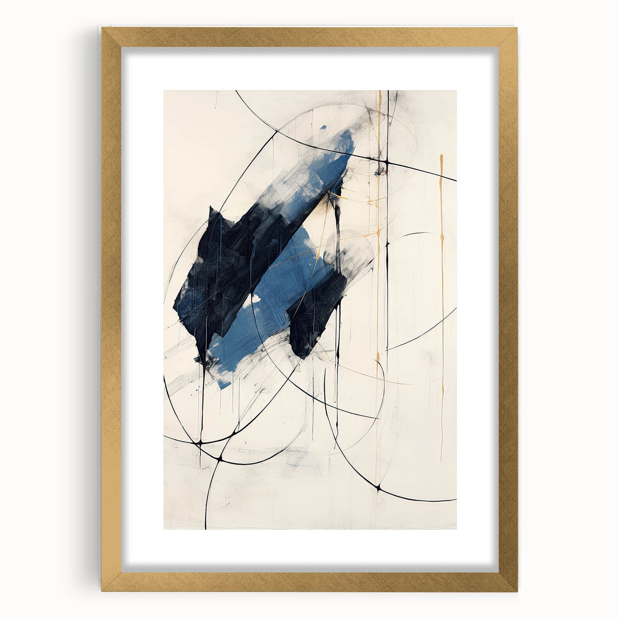 Abstract minimalist wall art framed in gold, showcasing geometric shapes and soft pastel colors, perfect for modern decor. Ideal for brightening living spaces.