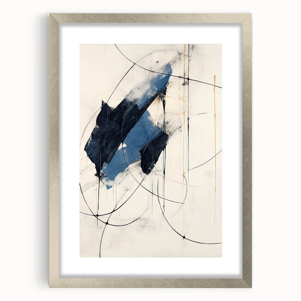 Abstract minimalist wall art framed in silver, showcasing geometric patterns and soft color gradients, perfect for modern home decor or office spaces.