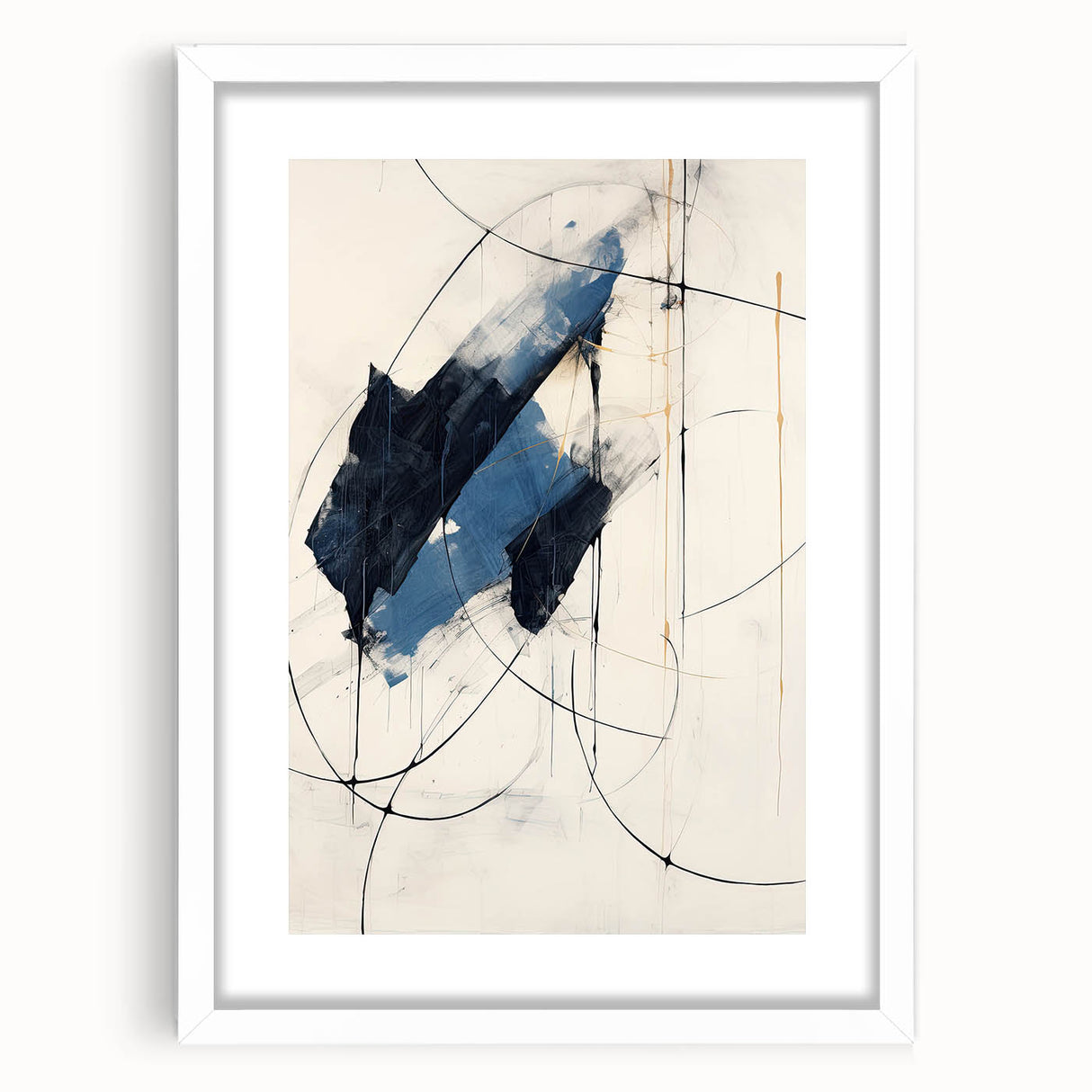 Abstract minimalist wall art framed in white with a mat, showcasing geometric shapes and neutral tones, ideal for modern home decor and art enthusiasts.